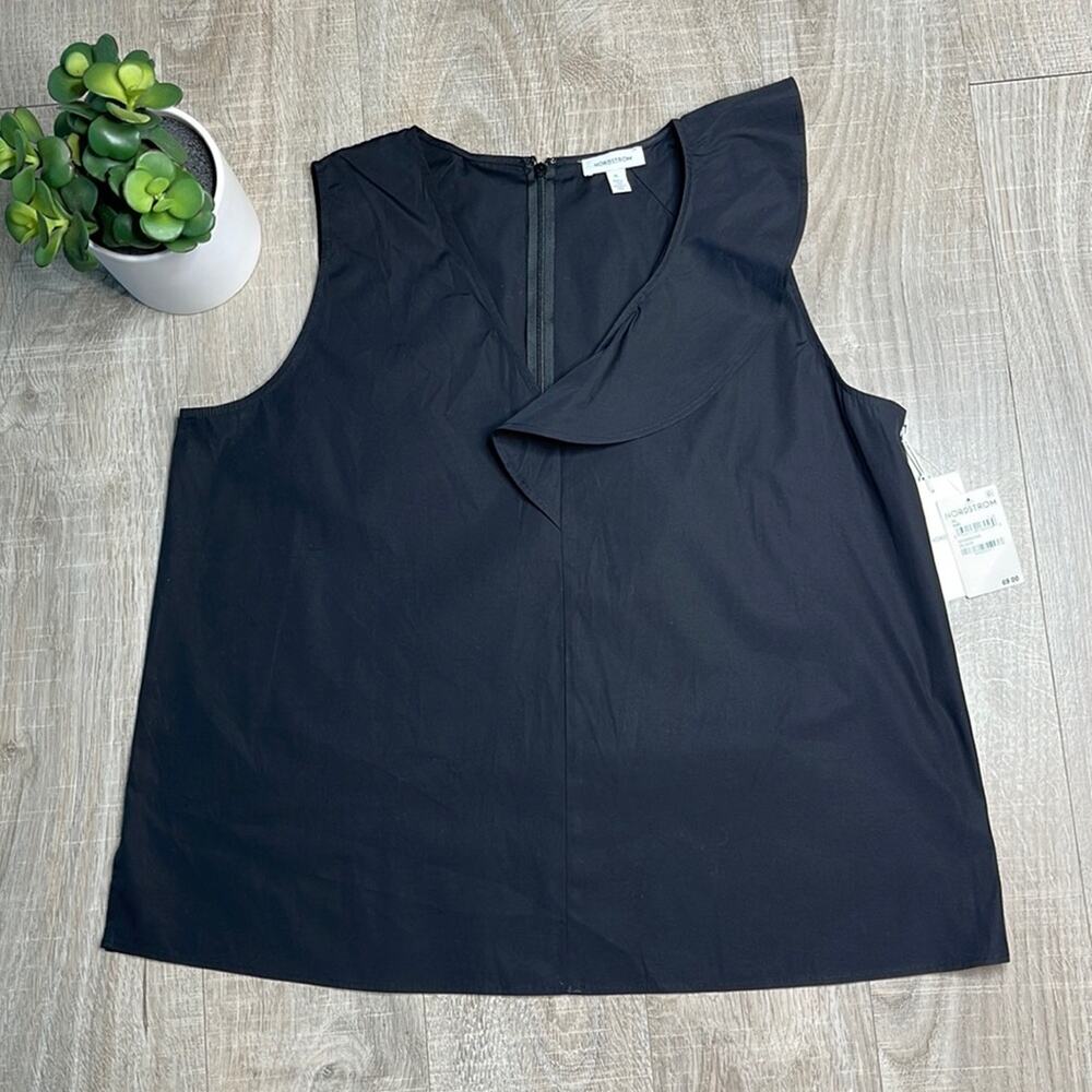 NORDSTROM Black V-Neck Sleeveless One Shoulder Ruffle Blouse Women’s Size XL